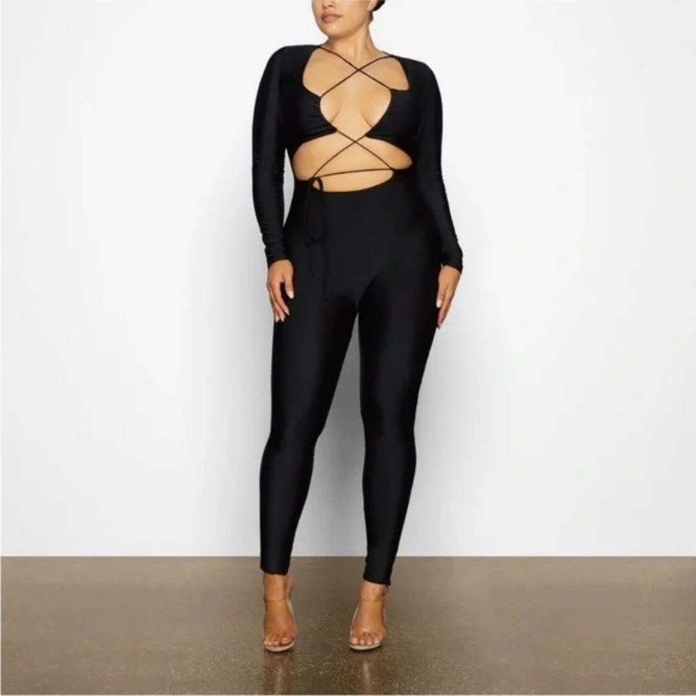 SKIMS Lace Up Long Sleeve Catsuit | Plunging Cutout Onyx Jumpsuit Sz 2X‎ NWT